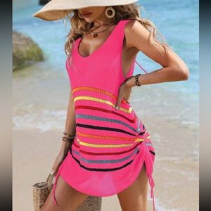 Sexy Knit Ruched Drawing String Swim Bath Suit Cover Up Dress Hot Pink